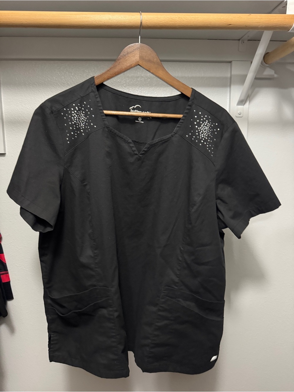 Women's Black Short-Sleeve Scrub Top with Shoulder bling Detail